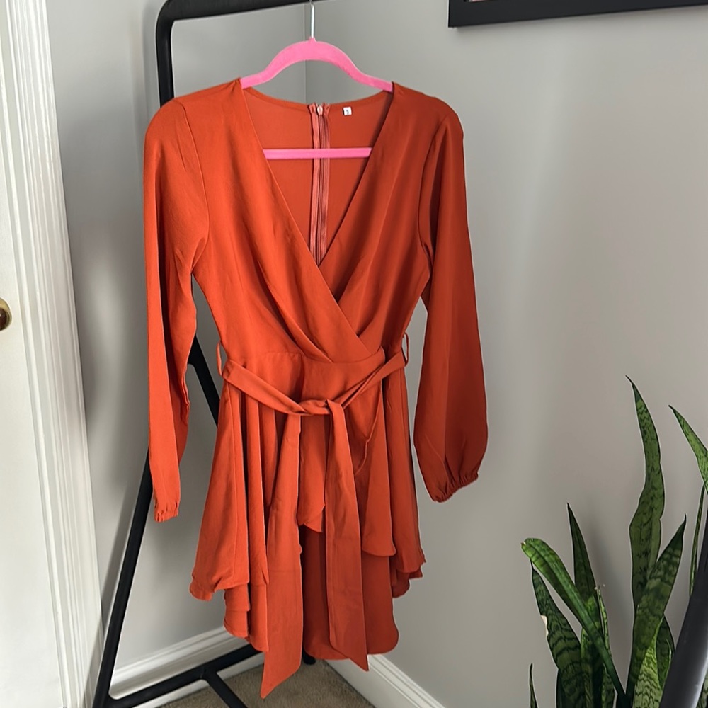 Burnt Orange Long Sleeve Tie Waist Dress Size Small